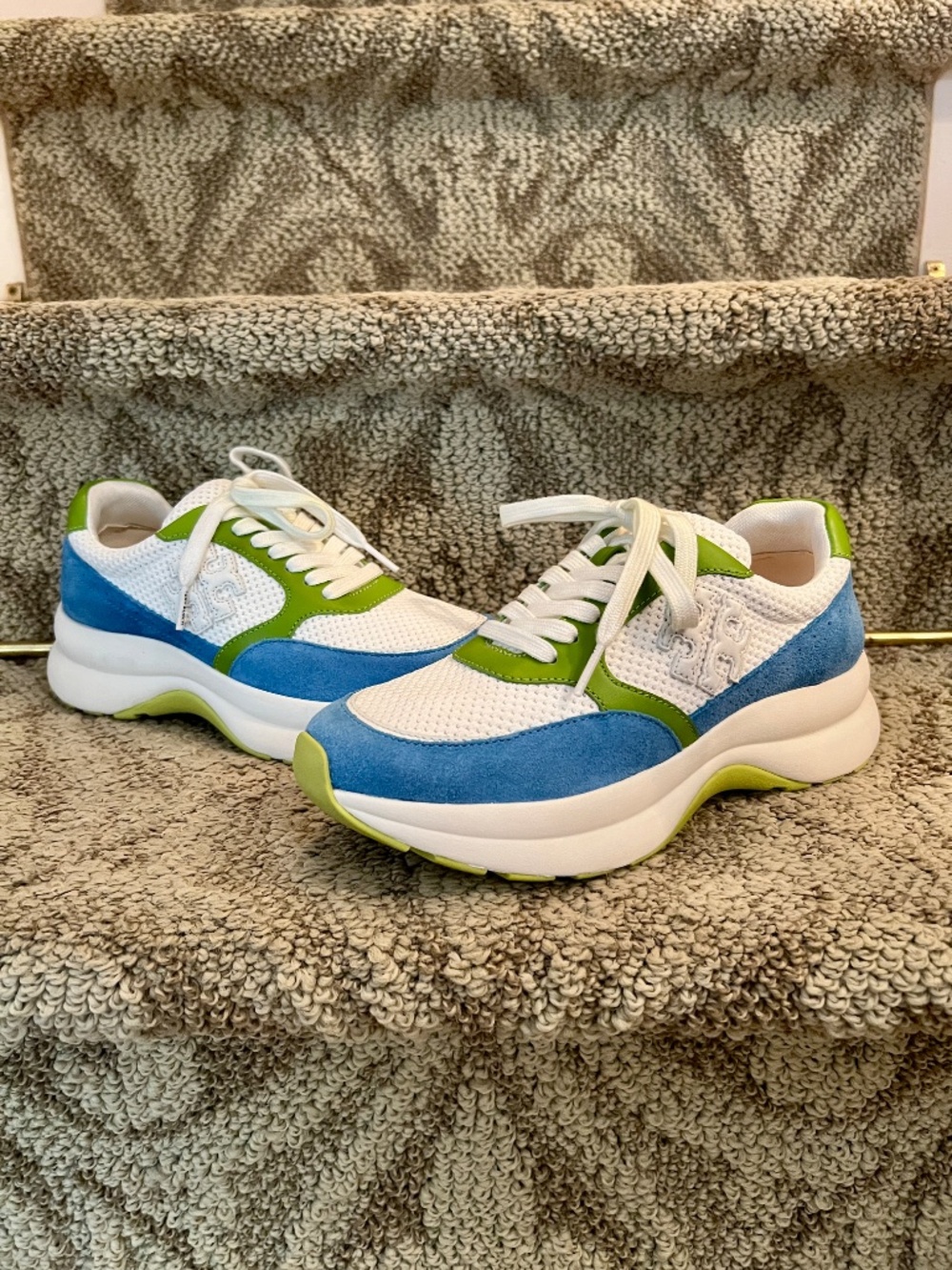 NWOB Tory Burch Kick White Mesh & Suede Turquoise Lime Green Sneakers Size 7